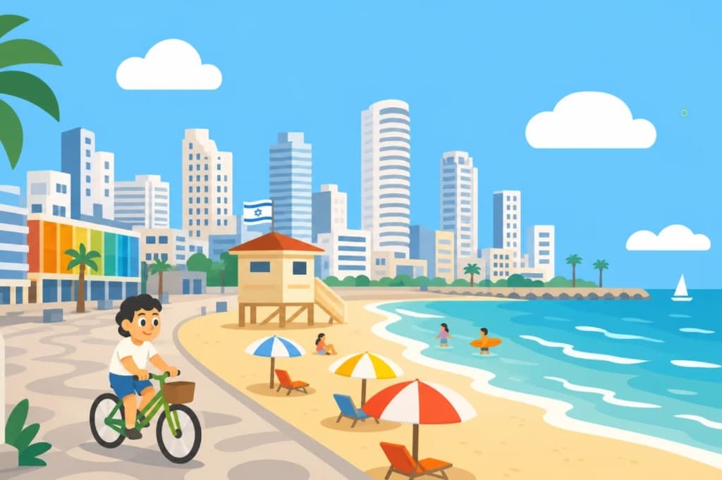 Tel Aviv promenade: children on the beach, palm trees, and the Israeli flag